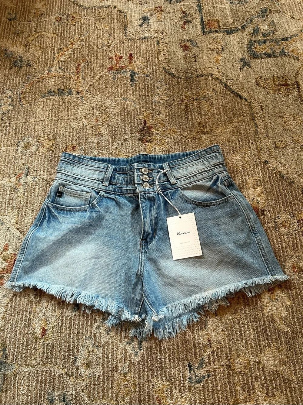 KanCan Light Blue High-Waist Distressed Hem Denim Shorts